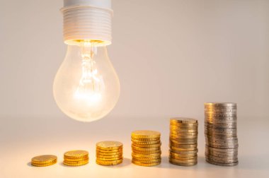 Yanında bozuk paralar olan bir ampul. Enerji tarifelerini arttırın. Verimlilik ve enerji tasarrufu. 