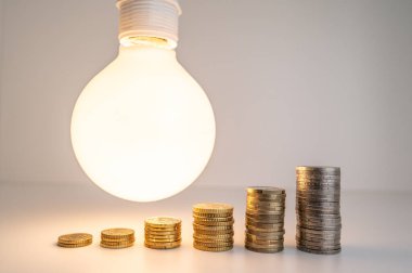 Yanında bozuk paralar olan bir ampul. Enerji tarifelerini arttırın. Verimlilik ve enerji tasarrufu. 
