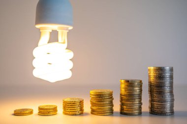 Yanında bozuk paralar olan bir ampul. Enerji tarifelerini arttırın. Verimlilik ve enerji tasarrufu. 