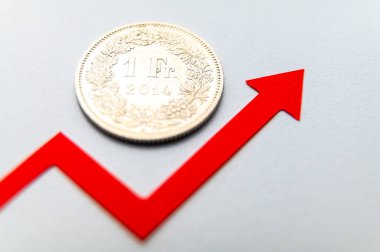 1 İsviçre Frangı madeni para, büyüme çizgisinin yanında. İsviçre Frangı 'nın değeri ve artan döviz kuru.