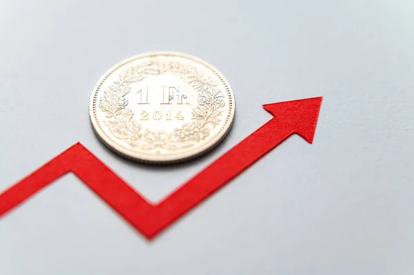 1 Swiss Franc coin, next to growing line. Valuation of the Swiss Franc and rising exchange rate.