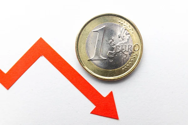 1欧元硬币 在下降线旁边 欧元估值和汇率下跌 — 图库照片