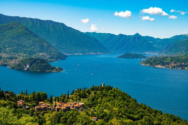 Lake Como, Photographed by Perledo, showing Varenna, Bellagio, Castello di Vezio, and Punta Balbianello, on a spring day. clipart