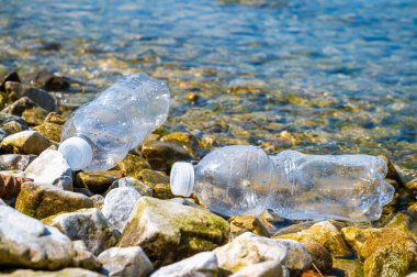 Plastik şişe çevreye terk edilmiş. Plastik kirliliği ve atık geri dönüşümü.