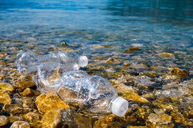 Plastik şişe çevreye terk edilmiş. Plastik kirliliği ve atık geri dönüşümü.