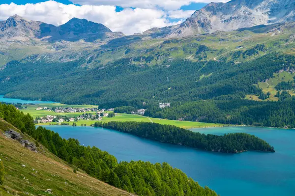 Stock image A view of Lake Sils and the Engadine from above. Panorama from Maloja and Grevasalvas