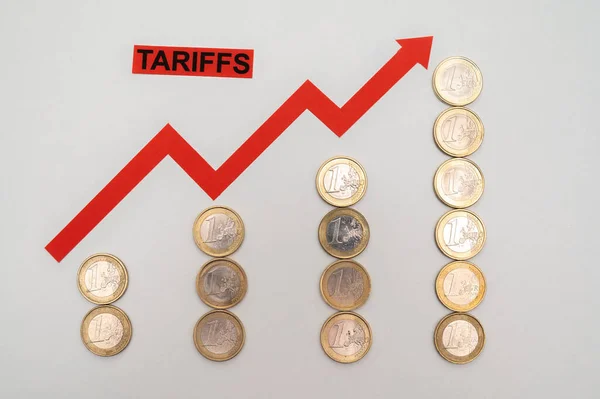 一排排越来越高的硬币 这个词 还有指向上方的红色箭头 提高关税和价格 — 图库照片