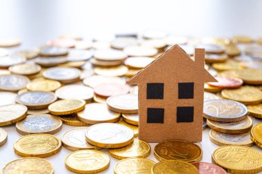 Etrafında bozuk paralar olan bir evin stilize edilmesi. Ev satın alma ve bakımının maliyetleri, ipoteklerdeki artış, vergiler.