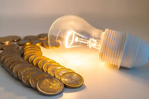Light bulb lit, with row of coins next to it. Trends in electricity tariffs, energy dependence, energy supplies.