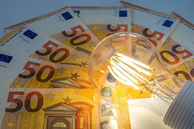 Avro banknotlarının üstünde bir ampul yandı. Elektrik maliyeti ve tarifeleri.