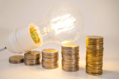 Ampul yandı, bozuk para yığınlarının üstünde. Elektrik tarifelerinde artış, enerji bağımlılığı, enerji arzında artış.