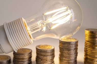 Ampul yandı, bozuk para yığınlarının üstünde. Elektrik tarifelerinde artış, enerji bağımlılığı, enerji arzında artış.