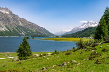 Upper Engadine, Sils Gölü, ve Isola köyü, yazın yukarıdan fotoğraflandı..