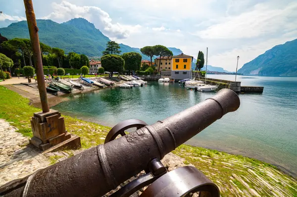stock image The town of Mandello del Lario, on Lake Como, the small port, the houses and the lake.