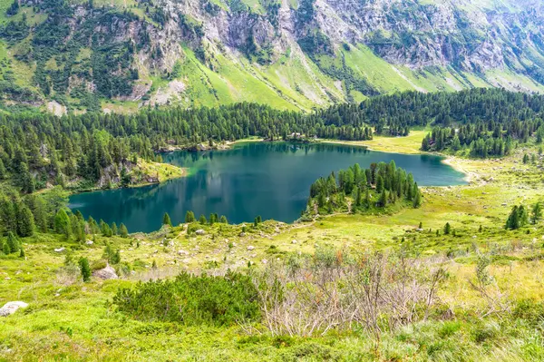 stock image A view of the Cavlocc lake, in Engadine, Switzerland, and the mountains that surround it.