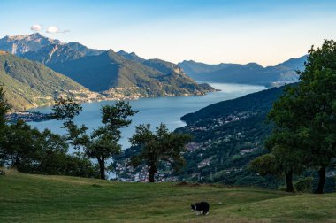 View of Lake Como, towards the south, from Musso, with the overhanging mountains, Dervio, the roads and the towns bordering the lake. clipart