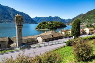 Panorama of Lake Como, Ossuccio bell tower and Isola Comacina. clipart