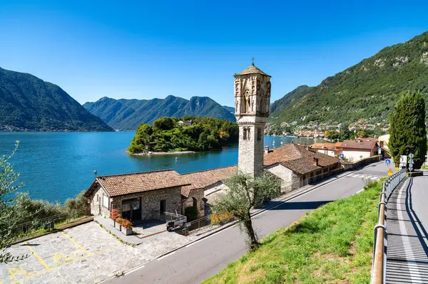 stock image Panorama of Lake Como, Ossuccio bell tower and Isola Comacina.