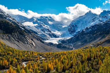 Sonbaharda Morteratsch buzulunun yakın görüntüsü, Engadin, İsviçre.