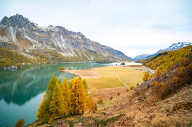 Upper Engadine, Lake Sils, and the village of Isola, photographed from above in autumn. clipart