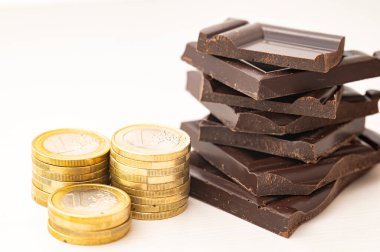 Bozuk para yığınlarının yanına çikolata parçaları istiflenmiş. Çikolata fiyatlarına zam.