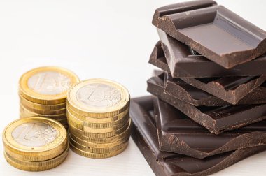 Bozuk para yığınlarının yanına çikolata parçaları istiflenmiş. Çikolata fiyatlarına zam.