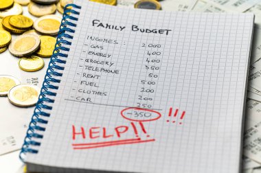 Aile bütçesi, hesap makinesi ve yanında para olan defter. Fiyat artışları ve ekonomik zorluklar.