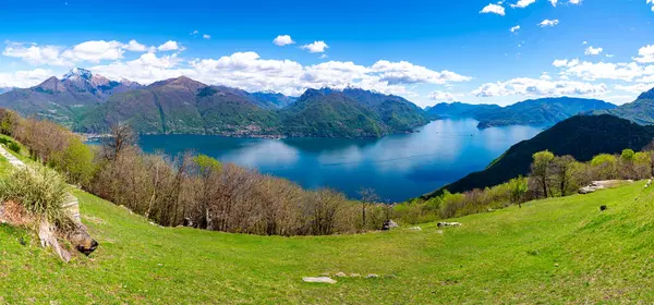 Como Gölü Panoraması, Monti di Treccione 'de çekilmiş, dağları, Bellagio' yu ve Lecco şubesini gösteriyor..