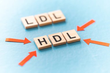 HDL ve LDL kolesterol arasındaki fark kavramı, mavi arkaplandaki ahşap alfabeden oluşmuş terimler, iyi kolesterol HDL.