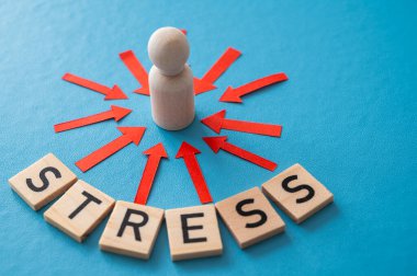 Stres konsepti ve stresli insan. Üzerinde kırmızı oklar olan ahşap bir figür ve ahşap alfabeyle oluşturulan stres sözcüğü..