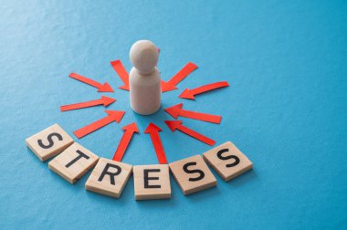 Stres konsepti ve stresli insan. Üzerinde kırmızı oklar olan ahşap bir figür ve ahşap alfabeyle oluşturulan stres sözcüğü..