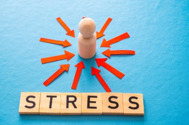 Stres konsepti ve stresli insan. Üzerinde kırmızı oklar olan ahşap bir figür ve ahşap alfabeyle oluşturulan stres sözcüğü..