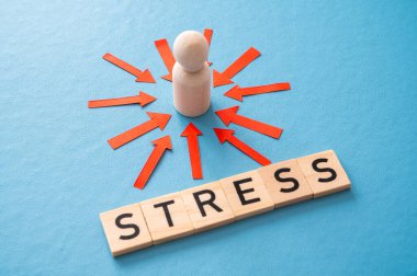 Stres konsepti ve stresli insan. Üzerinde kırmızı oklar olan ahşap bir figür ve ahşap alfabeyle oluşturulan stres sözcüğü..