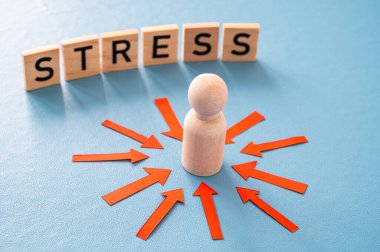 Stres konsepti ve stresli insan. Üzerinde kırmızı oklar olan ahşap bir figür ve ahşap alfabeyle oluşturulan stres sözcüğü..