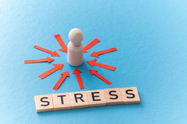 Stres konsepti ve stresli insan. Üzerinde kırmızı oklar olan ahşap bir figür ve ahşap alfabeyle oluşturulan stres sözcüğü..