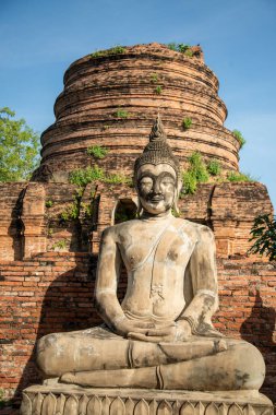 Tayland 'ın Ayutthaya eyaleti Ayutthaya kentinde Ayutthaya şehrinde Wat Yai Chai Mongkon' un Chedi 'si ile birlikte bir Buda, Kasım 2022