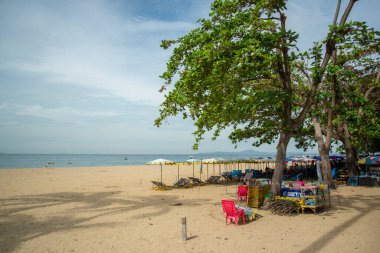 Umbrella for rent at the Beach and coast at the Beach Road in the city of Jomtien near Pattaya in the Province of Chonburi in Thailand,  Thailand, Jomtien, November, 2022