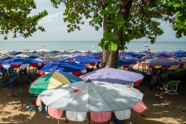 Umbrella for rent at the Beach and coast at the Beach Road in the city of Jomtien near Pattaya in the Province of Chonburi in Thailand,  Thailand, Jomtien, November, 2022
