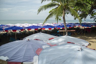 Umbrella for rent at the Beach and coast at the Beach Road in the city of Jomtien near Pattaya in the Province of Chonburi in Thailand,  Thailand, Jomtien, November, 2022
