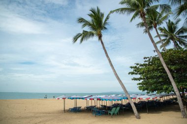 Umbrella for rent at the Beach and coast at the Beach Road in the city of Jomtien near Pattaya in the Province of Chonburi in Thailand,  Thailand, Jomtien, November, 2022