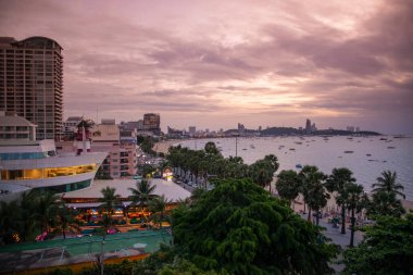 The Beach front with Hotels at the Pattaya Bay and Beach road in the city of Pattaya in the Province of Chonburi in Thailand,  Thailand, Pattaya, November, 2022
