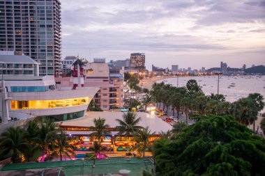 The Beach front with Hotels at the Pattaya Bay and Beach road in the city of Pattaya in the Province of Chonburi in Thailand,  Thailand, Pattaya, November, 2022