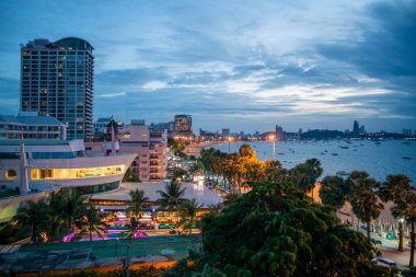 The Beach front with Hotels at the Pattaya Bay and Beach road in the city of Pattaya in the Province of Chonburi in Thailand,  Thailand, Pattaya, November, 2022