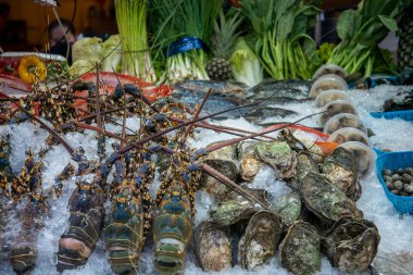 Thai Seafood at a Restaurant on the Nightmarket in the City of Hua Hin in the Province of Prachuap Khiri Khan in Thailand,  Thailand, Hua Hin, December, 2022