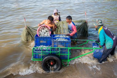 Tayland, Tayland, Prachuap Khiri Han 'daki Phrachuap Khiri Khan kenti yakınlarındaki Ao Noi' de balıkçı ve liman işçileri, Aralık 2022, Tayland, Prachuap Khiri Khan.