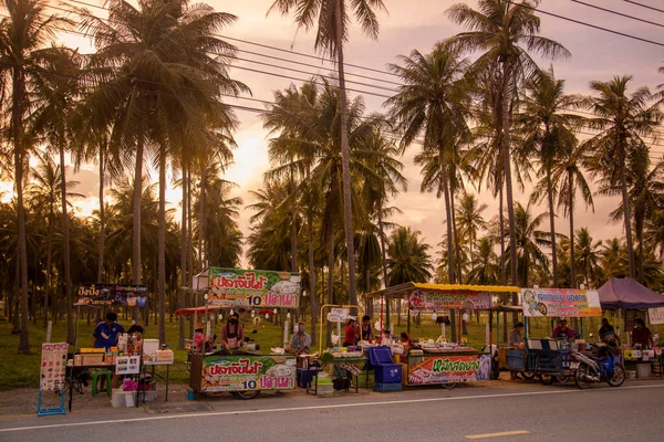 A泰国Prachuap Khiri Khan省Pranburi镇沿海夜市和Hat Pak Nam Pran海滩棕榈树种植园 2022年11月 — 图库照片