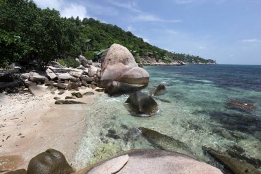 Tayland 'ın Surat Thani ilindeki Ko Tao Adası' ndaki Sairee Köyü 'nde küçük bir körfez, sahil ve peyzaj, Ko Tao, Mart 2010