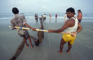 İnsanlar balık ağıyla balık tutuyor ve taze balıkları ayırıyor ve onları Hindistan, Hindistan, Goa, Nisan 1996 'da Kolva şehrindeki bir balıkçı köyünün sahilinde satıyorlar.