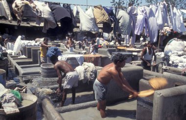 Hindistan 'ın Mumbai şehir merkezindeki Mahalaxmi Mahallesinde çamaşırhanede çalışan işçiler. Hindistan, Mumbai, Mart 1998