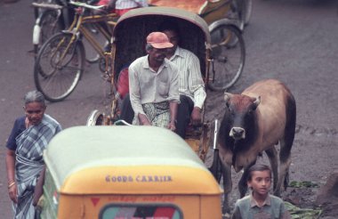 Hindistan 'da Mumbai şehir merkezinde trafiği olan bir pazar ve yolda kutsal bir inek. Hindistan, Mumbai, Mart 1998